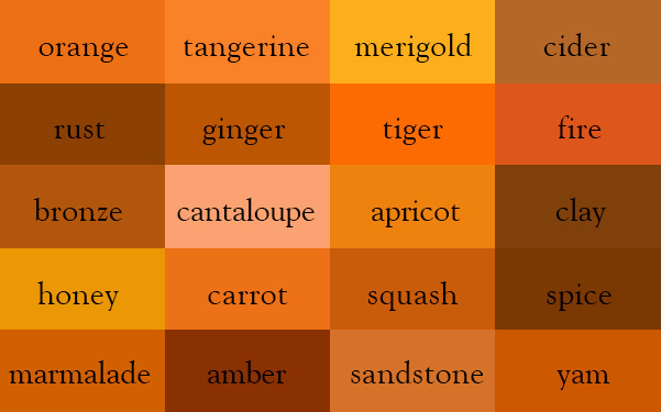 Unterschiedliche orange Farbtöne und ihre Namen