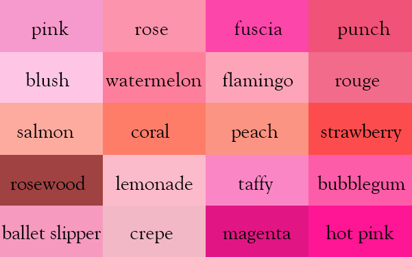 Unterschiedliche pinke Farbtöne und ihre Namen