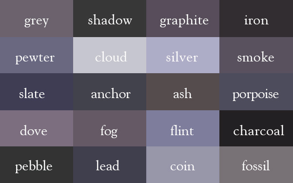 Unterschiedliche graue Farbtöne und ihre Namen