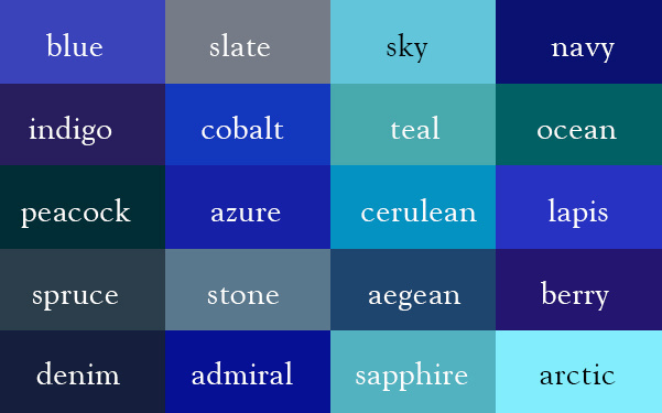 Unterschiedliche blaue Farbtöne und ihre Namen